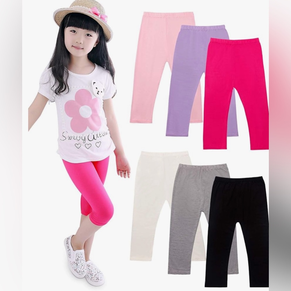 6 Pcs Cropped Children 3/4 Leggings Basic Plain Kids Capri Pants Thin Age 10-11T